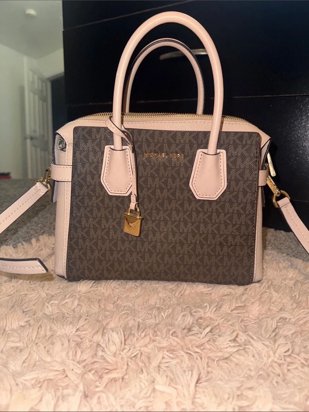 Michael Kors Brown Signature Satchel with Soft Pink Trim